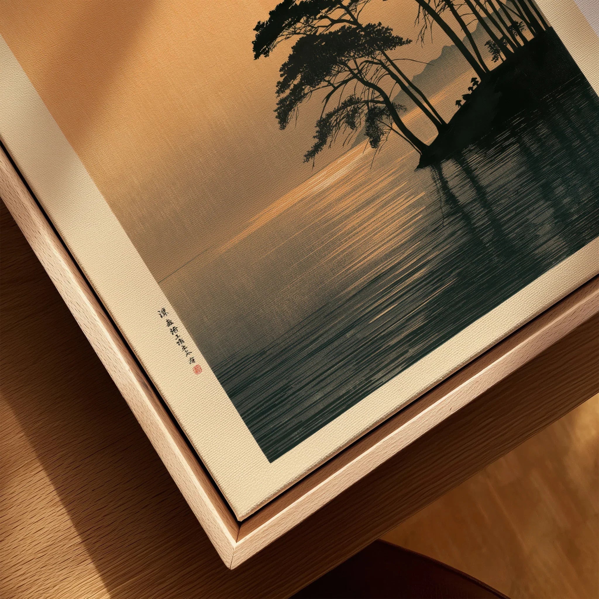 Japanese Sunset Art Print – Vintage Coastal Landscape Wall Art — closeup framed canvas natural wood floating frame