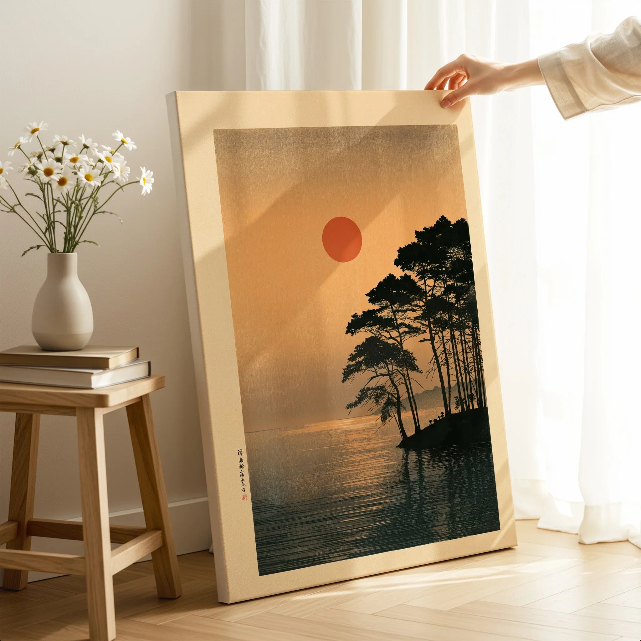 Japanese Sunset Art Print – Vintage Coastal Landscape Wall Art — canvas print mirror edge hand holding room setting