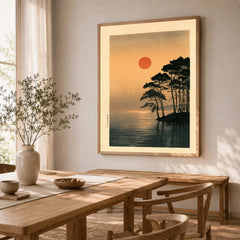 Japanese Sunset Art Print – Vintage Coastal Landscape Wall Art — dining room framed print natural wood frame