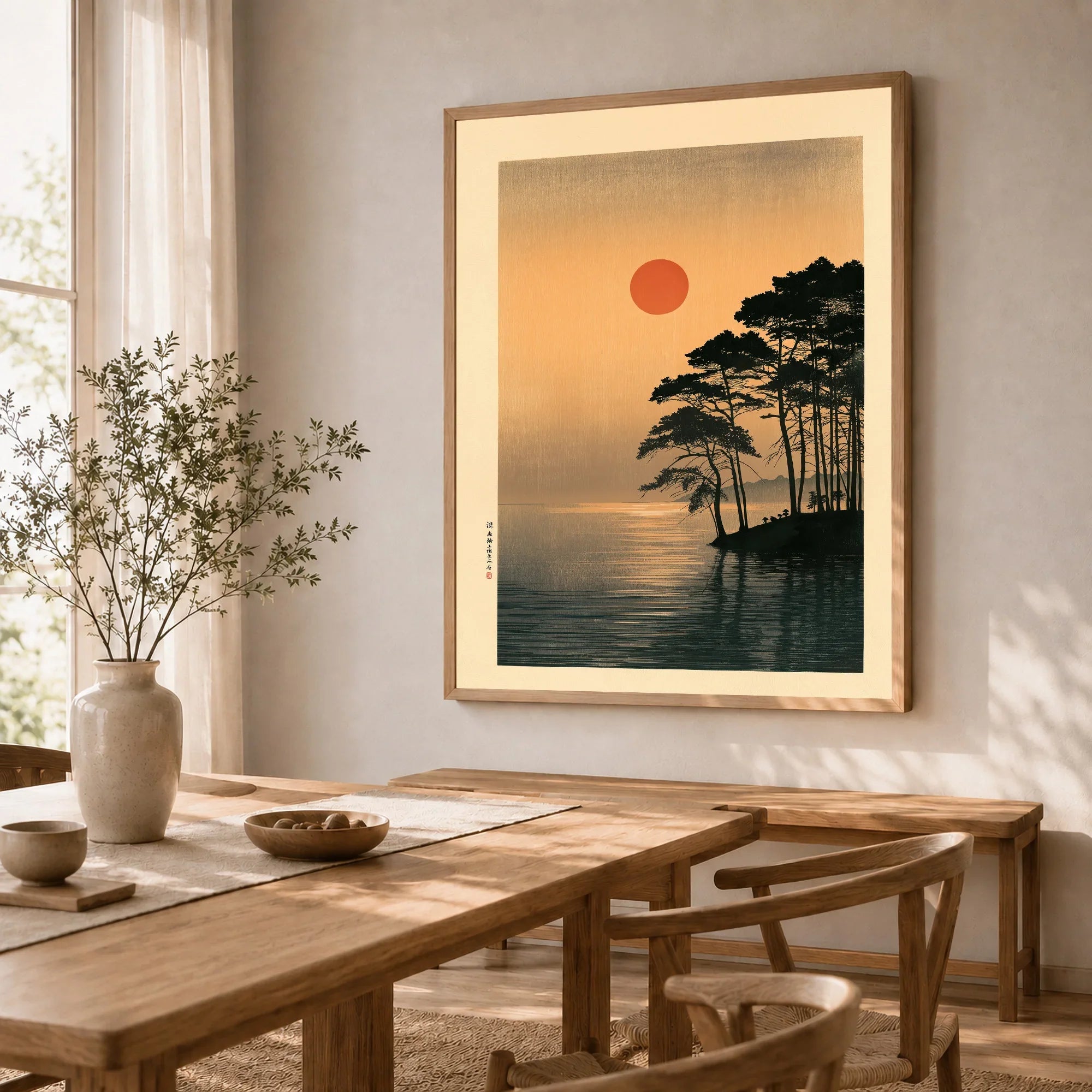 Japanese Sunset Art Print – Vintage Coastal Landscape Wall Art — dining room framed print natural wood frame