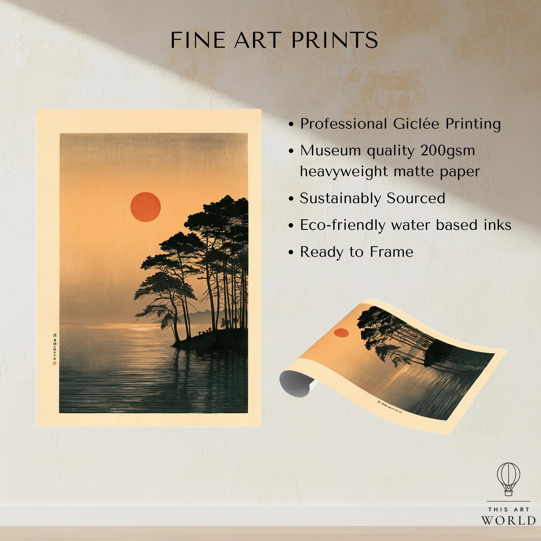 Japanese Sunset Art Print – Vintage Coastal Landscape Wall Art — fine art print unframed quality details