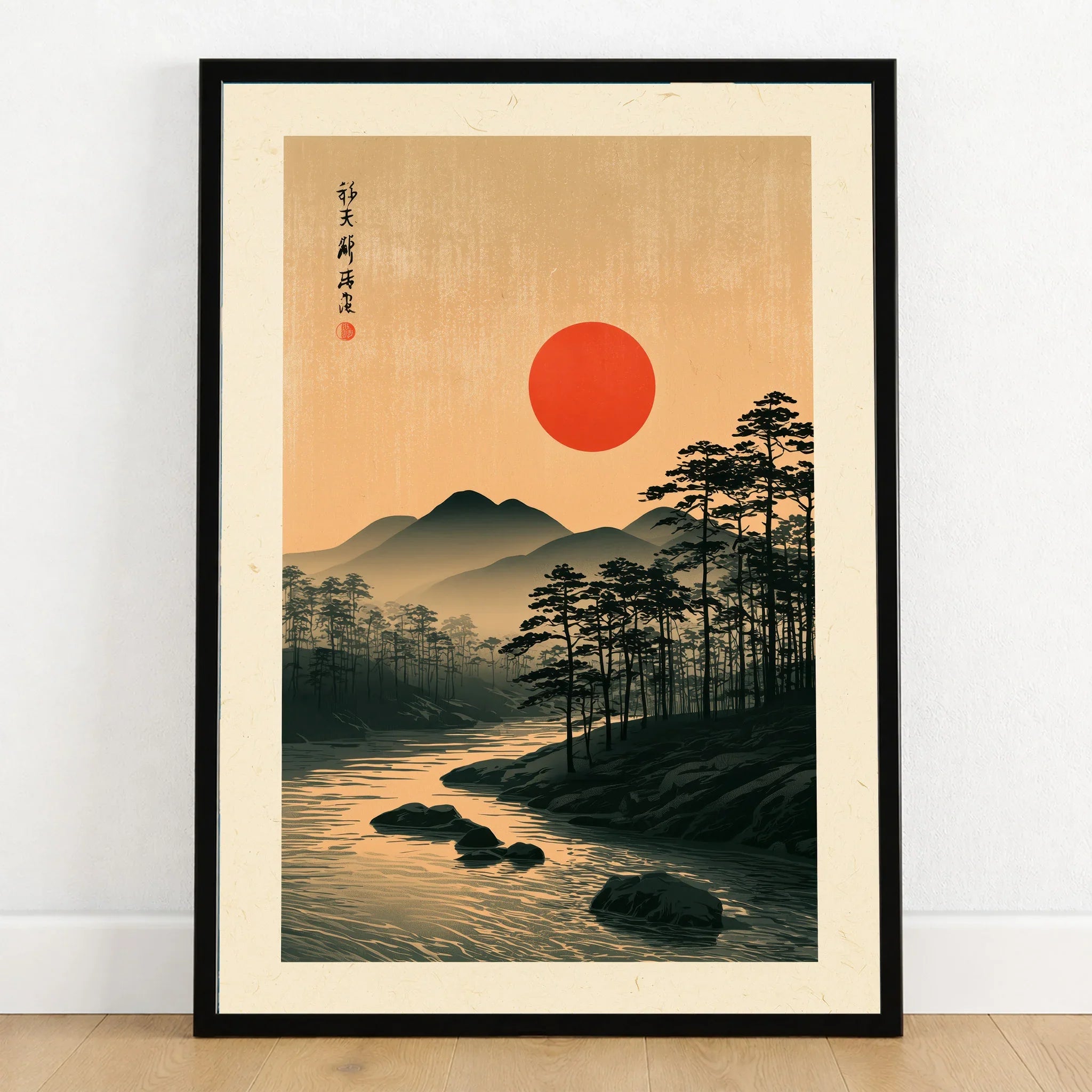 Japanese Sunset Wall Art – Vintage Mountain River Print — art print in black frame on wooden floor