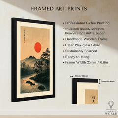Japanese Sunset Wall Art – Vintage Mountain River Print — framed print details measurements quality details