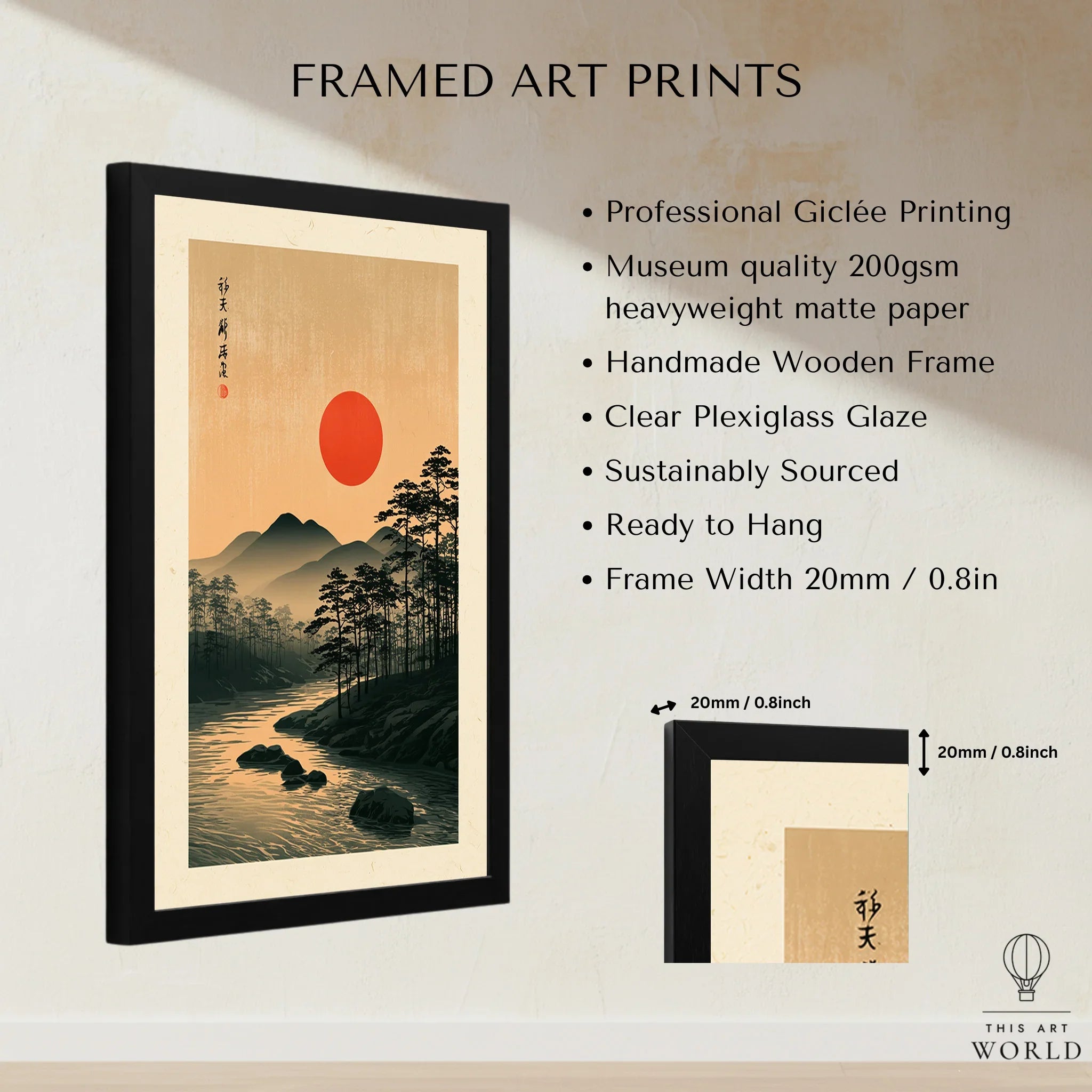 Japanese Sunset Wall Art – Vintage Mountain River Print — framed print details measurements quality details