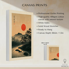 Japanese Sunset Wall Art – Vintage Mountain River Print — canvas print stretched cotton canvas details