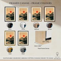 Japanese Sunset Wall Art – Vintage Mountain River Print — framed canvas float frame colour options