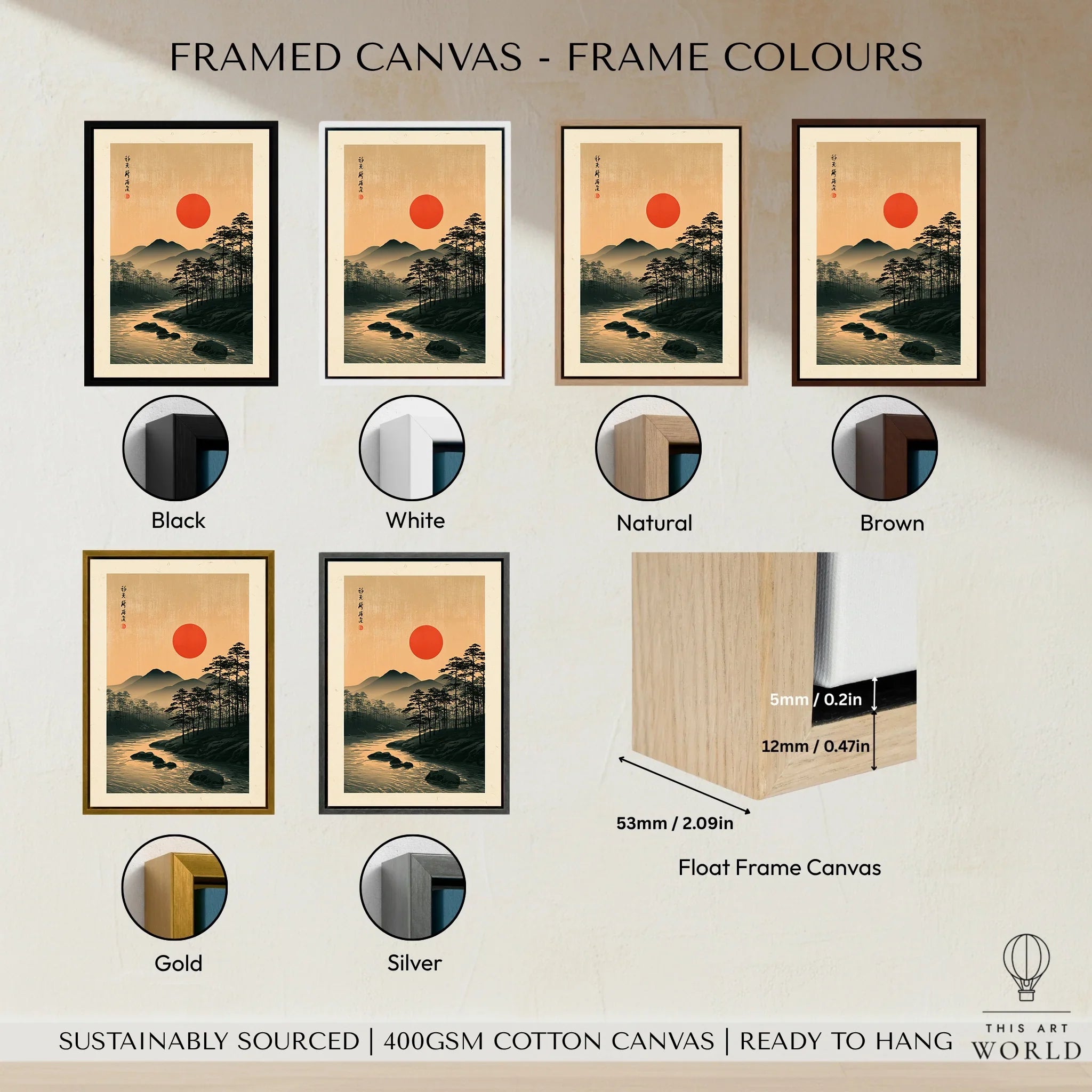 Japanese Sunset Wall Art – Vintage Mountain River Print — framed canvas float frame colour options