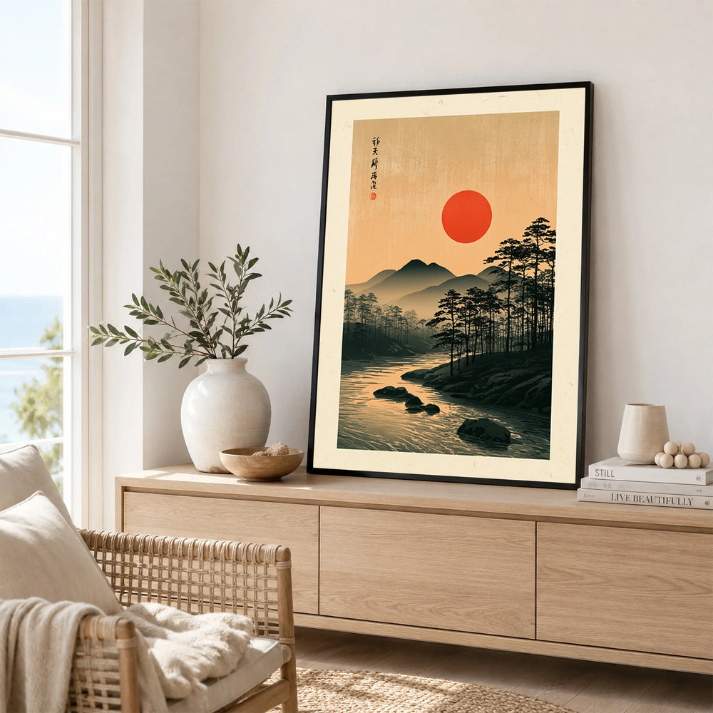 Japanese Sunset Wall Art – Vintage Mountain River Print — framed artwork living room lifestyle setting
