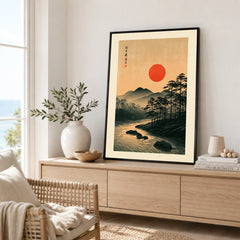 Japanese Sunset Wall Art – Vintage Mountain River Print — framed artwork living room lifestyle setting
