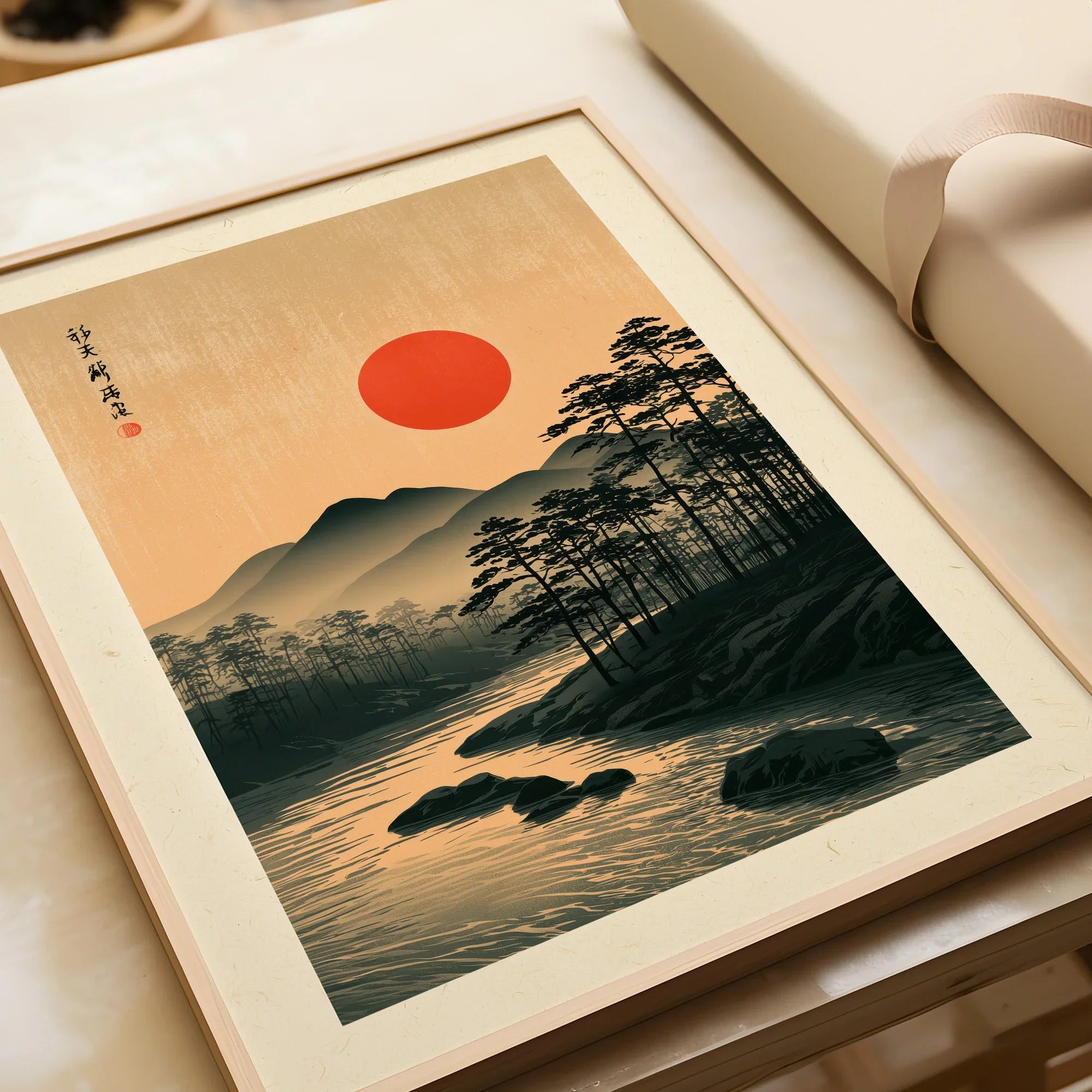 Japanese Sunset Wall Art – Vintage Mountain River Print — framed art print closeup gift unwrapped natural frame
