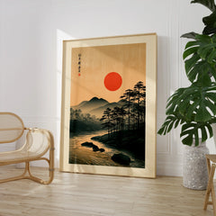 Japanese Sunset Wall Art – Vintage Mountain River Print — large framed print room setting chair plant