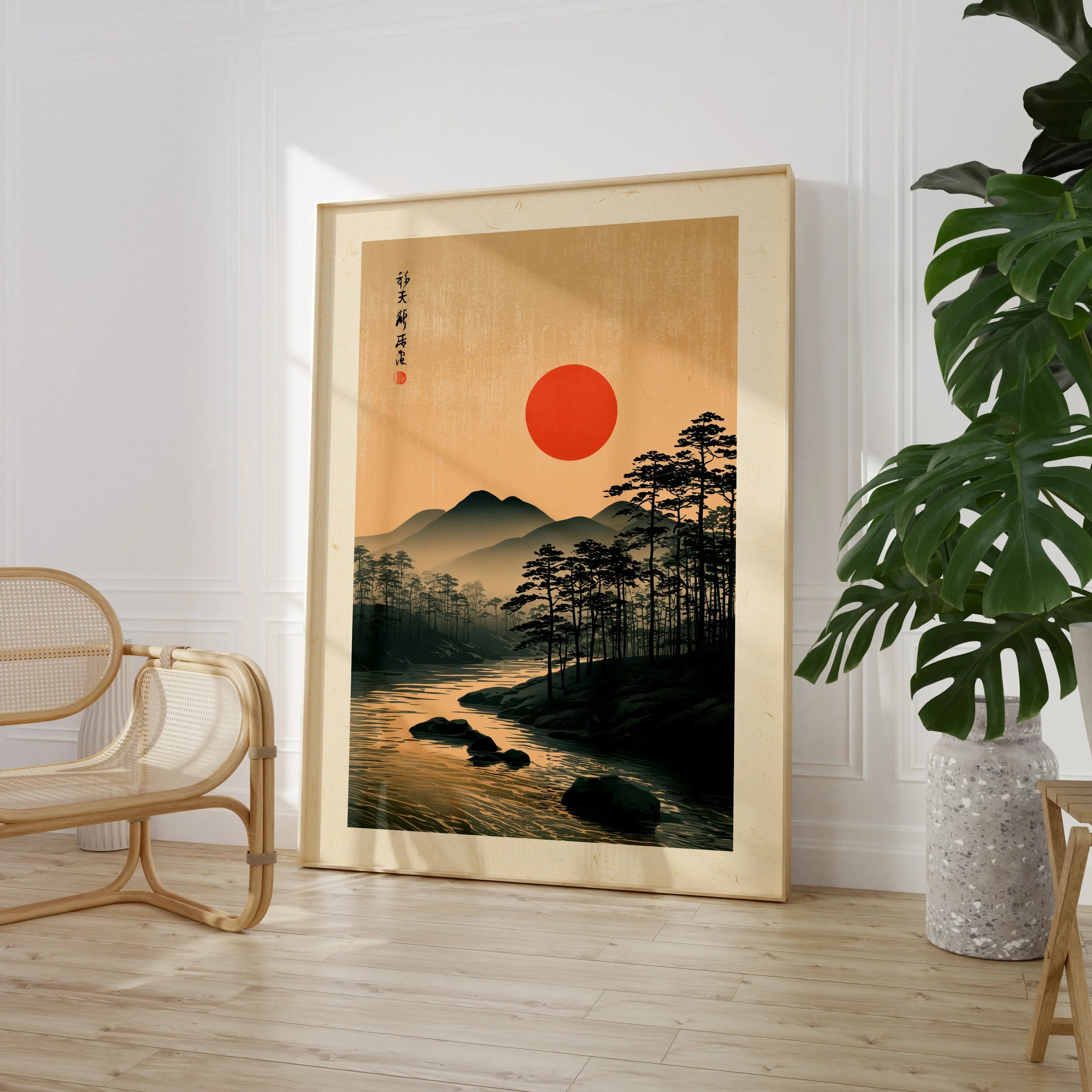 Japanese Sunset Wall Art – Vintage Mountain River Print — large framed print room setting chair plant