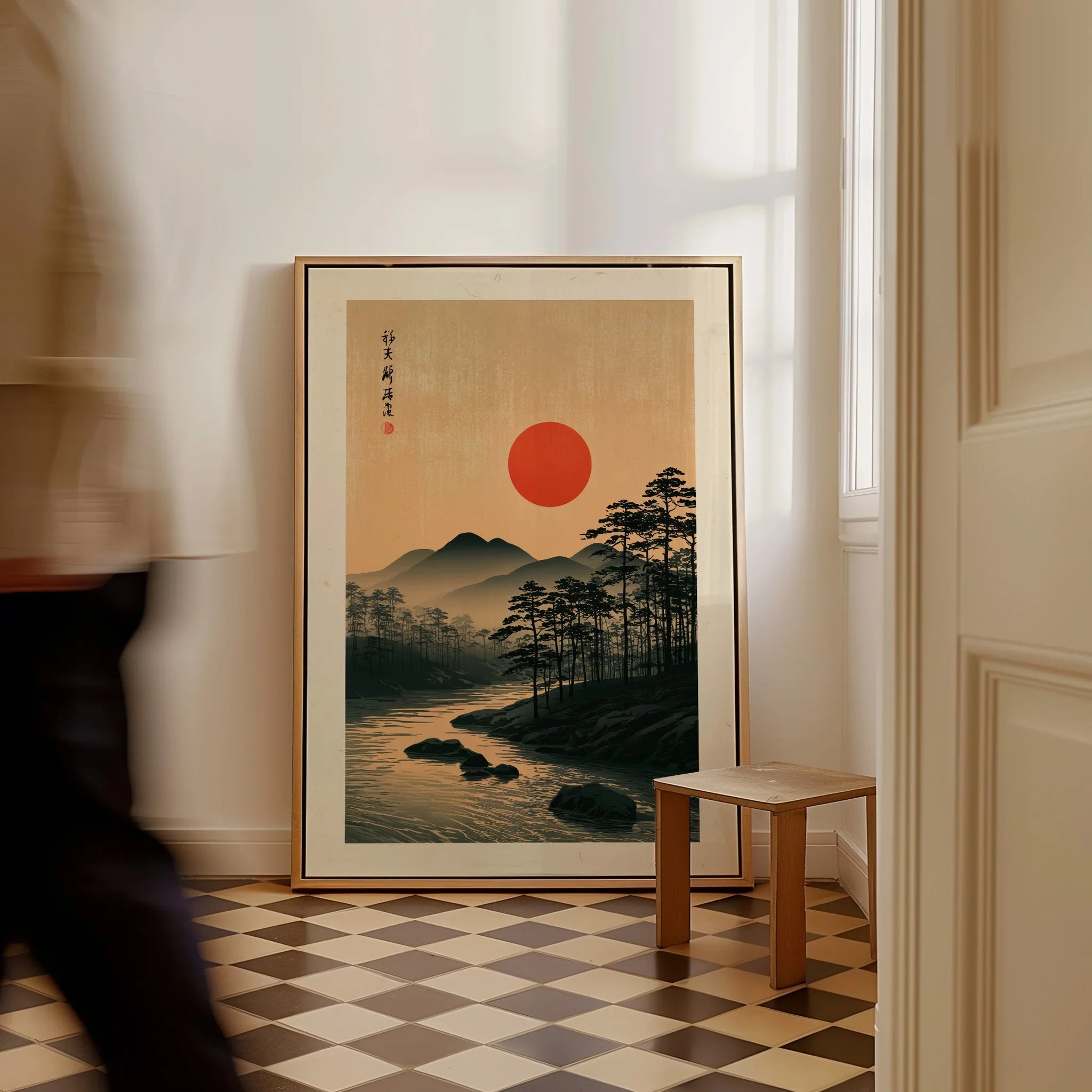Japanese Sunset Wall Art – Vintage Mountain River Print — framed canvas on floor man walking past