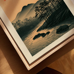Japanese Sunset Wall Art – Vintage Mountain River Print — closeup framed canvas natural wood floating frame
