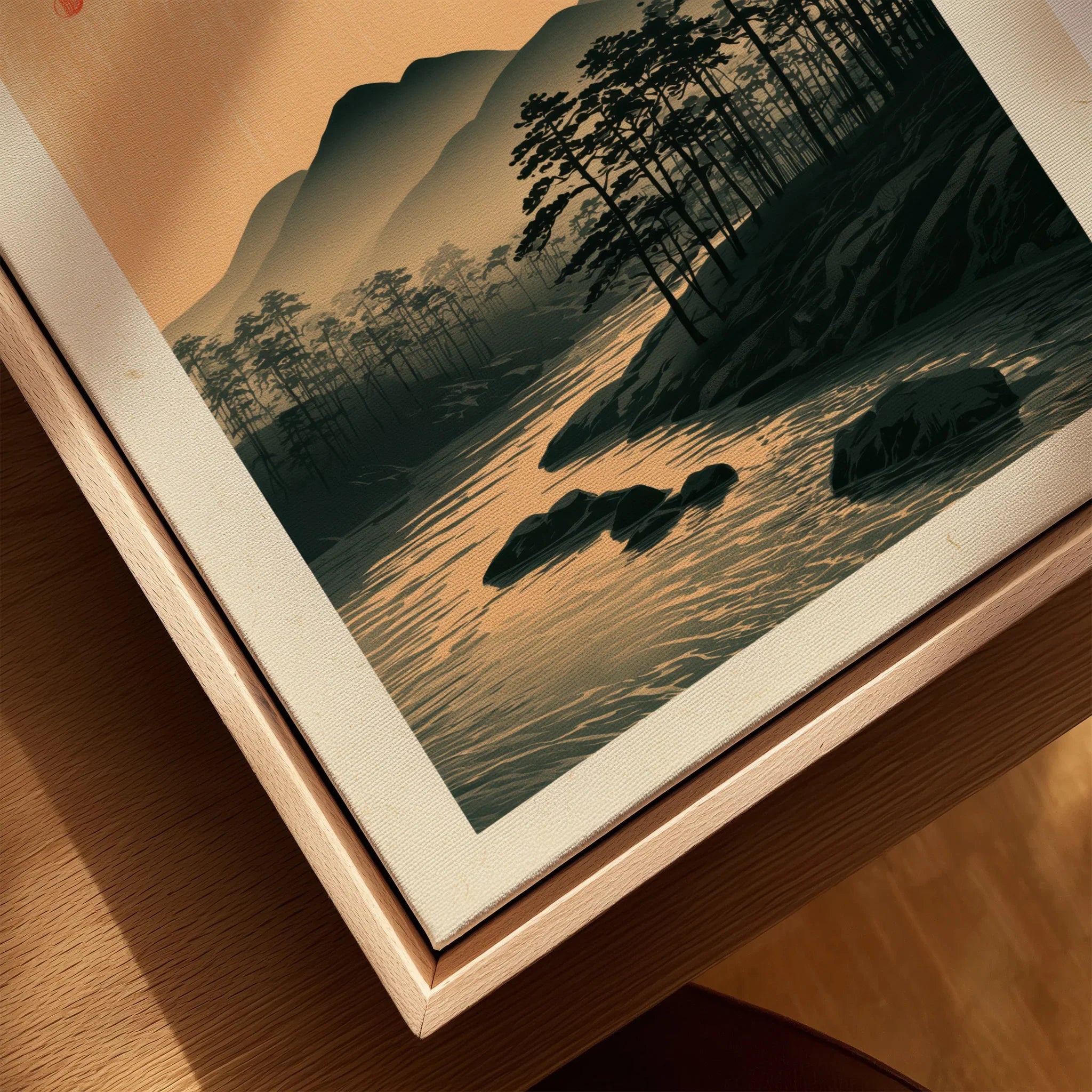 Japanese Sunset Wall Art – Vintage Mountain River Print — closeup framed canvas natural wood floating frame