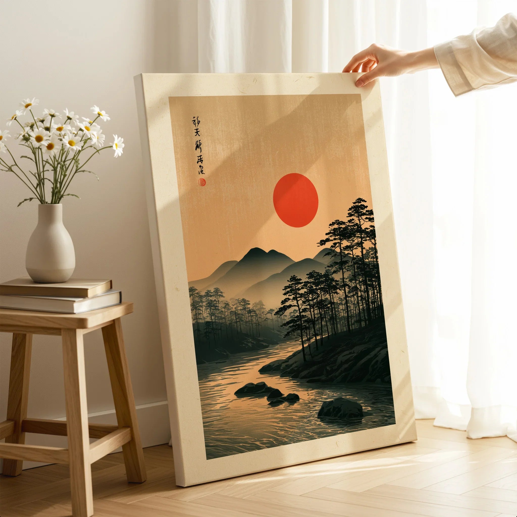 Japanese Sunset Wall Art – Vintage Mountain River Print — canvas print mirror edge hand holding room setting