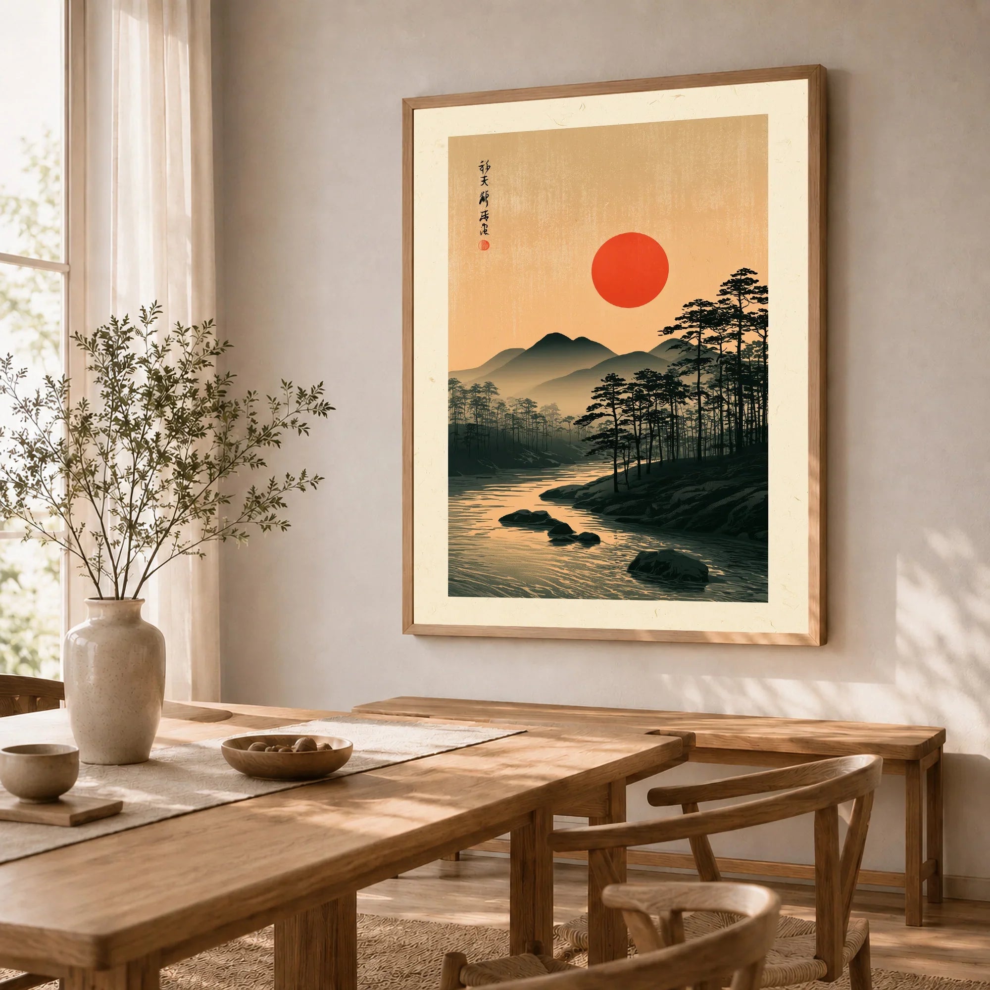 Japanese Sunset Wall Art – Vintage Mountain River Print — dining room framed print natural wood frame