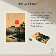 Japanese Sunset Wall Art – Vintage Mountain River Print — fine art print unframed quality details
