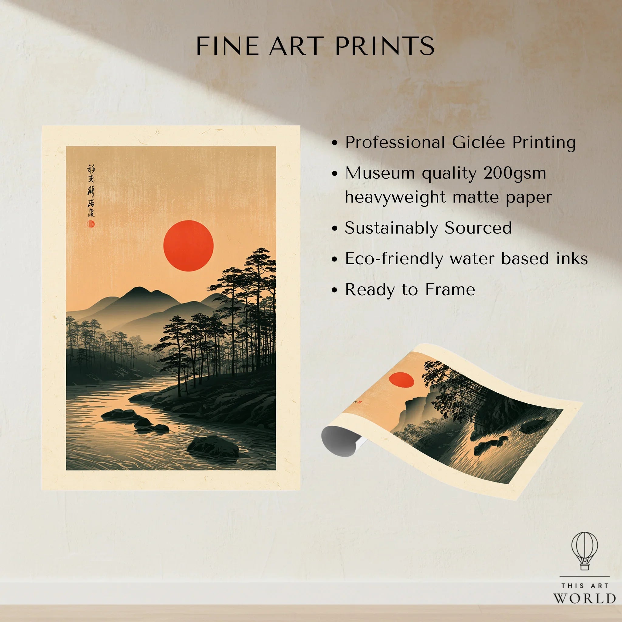 Japanese Sunset Wall Art – Vintage Mountain River Print — fine art print unframed quality details