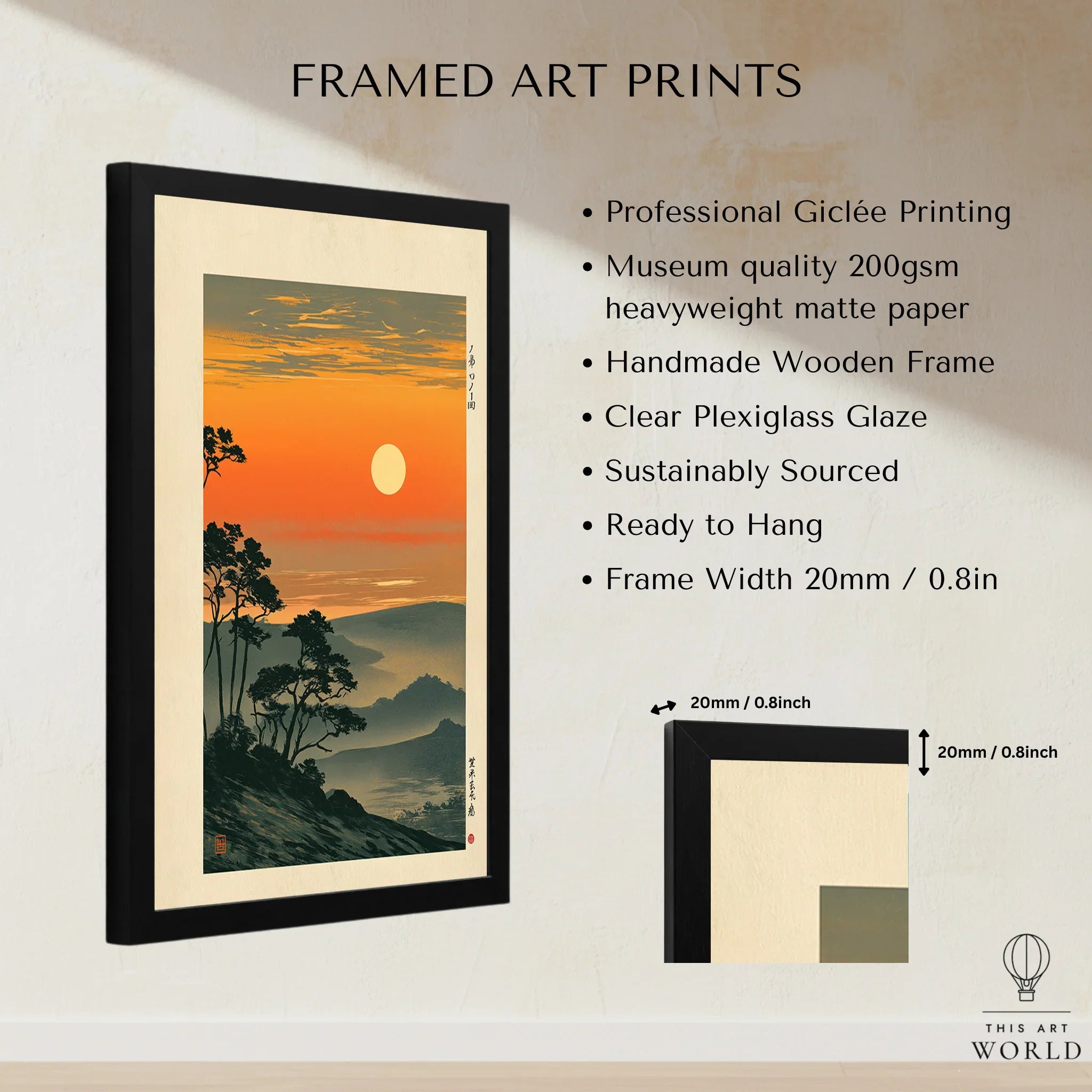 Japanese Sunset Art Print – Orange Vintage Landscape Wall Art — framed print details measurements quality details