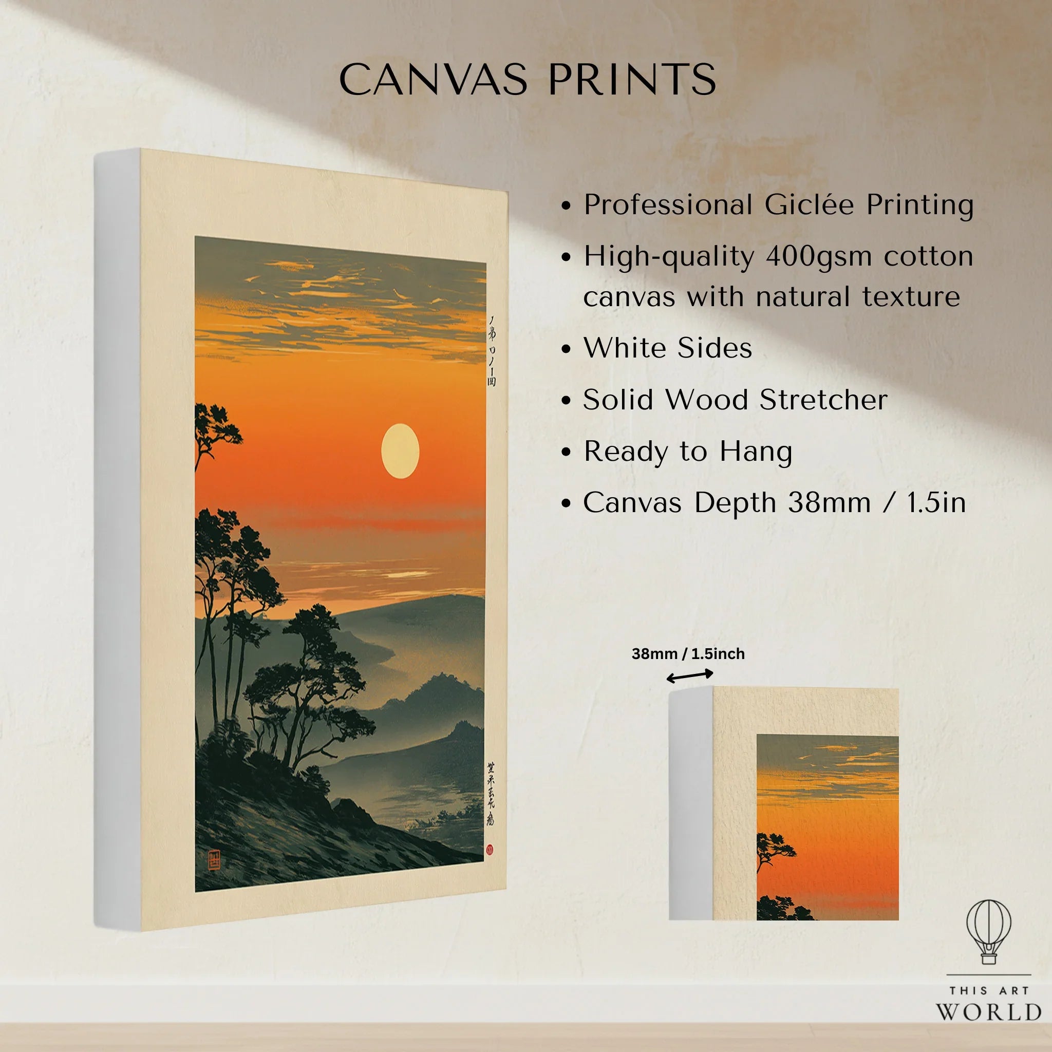 Japanese Sunset Art Print – Orange Vintage Landscape Wall Art — canvas print stretched cotton canvas details