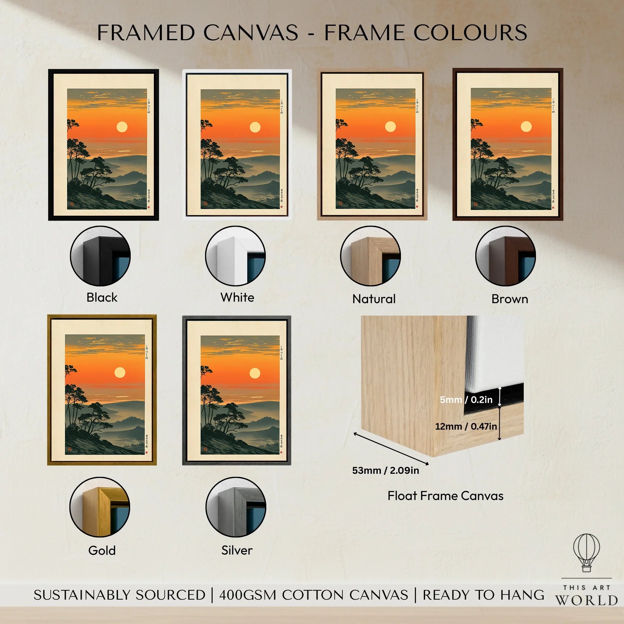Japanese Sunset Art Print – Orange Vintage Landscape Wall Art — framed canvas float frame colour options