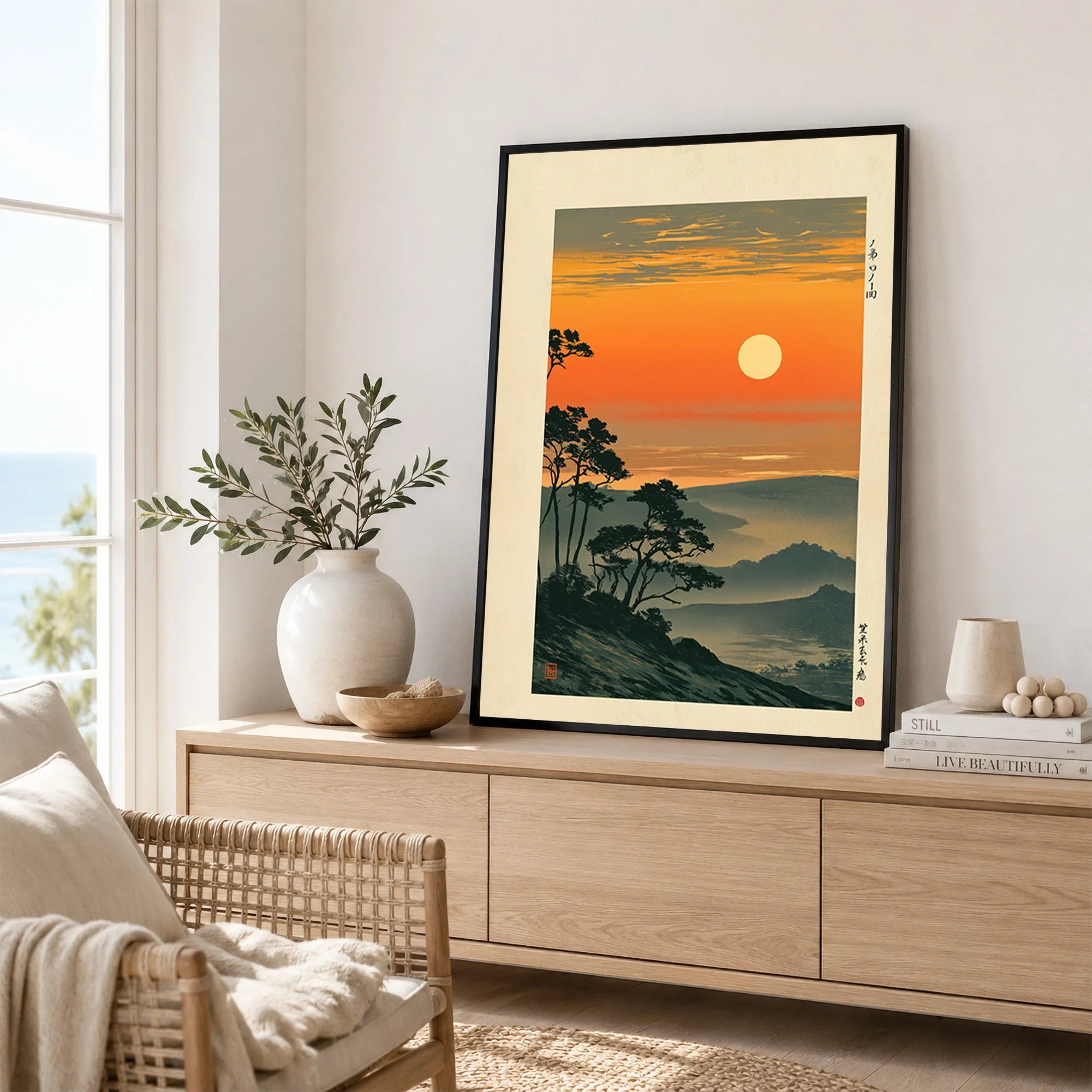 Japanese Sunset Art Print – Orange Vintage Landscape Wall Art — framed artwork living room lifestyle setting