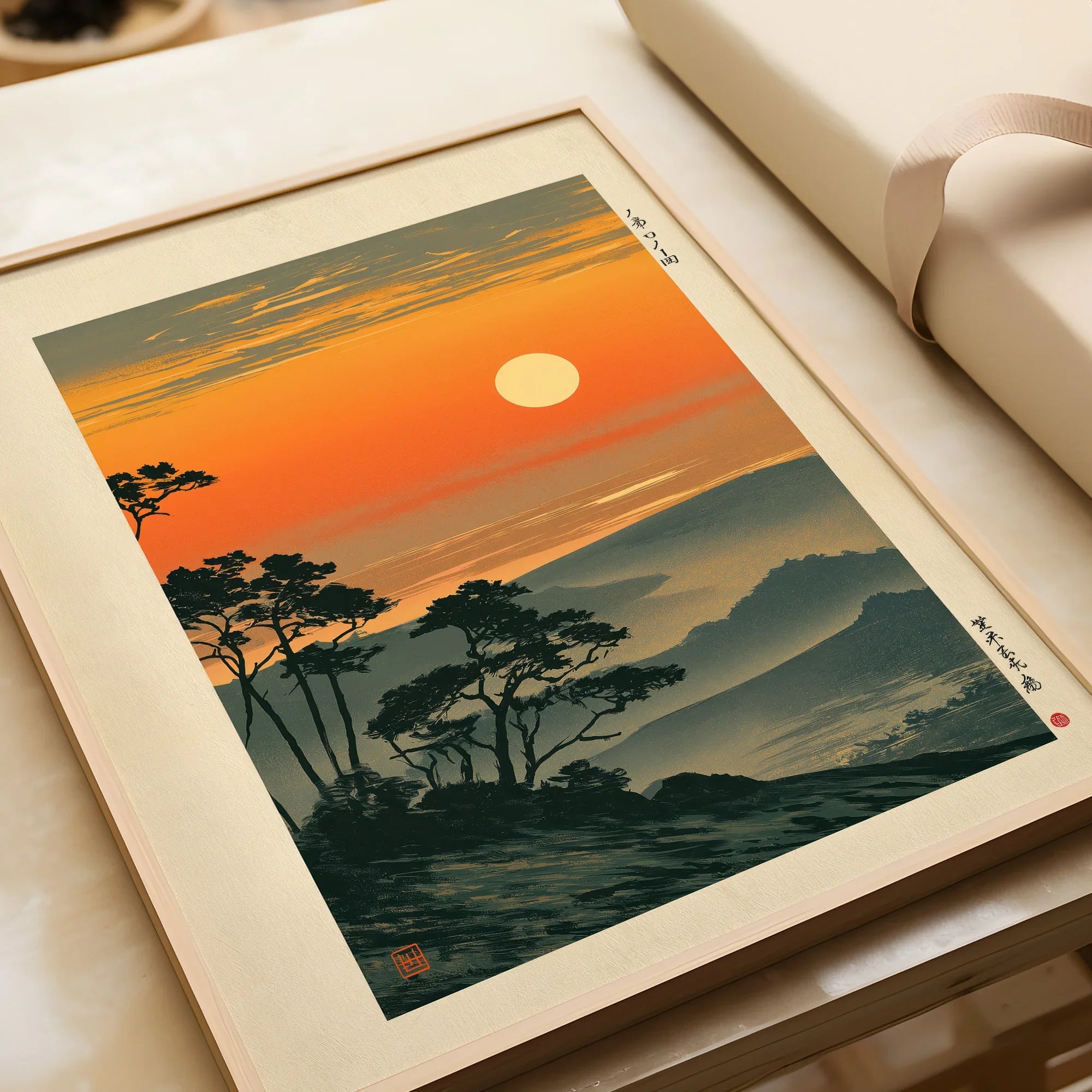 Japanese Sunset Art Print – Orange Vintage Landscape Wall Art — framed art print closeup gift unwrapped natural frame