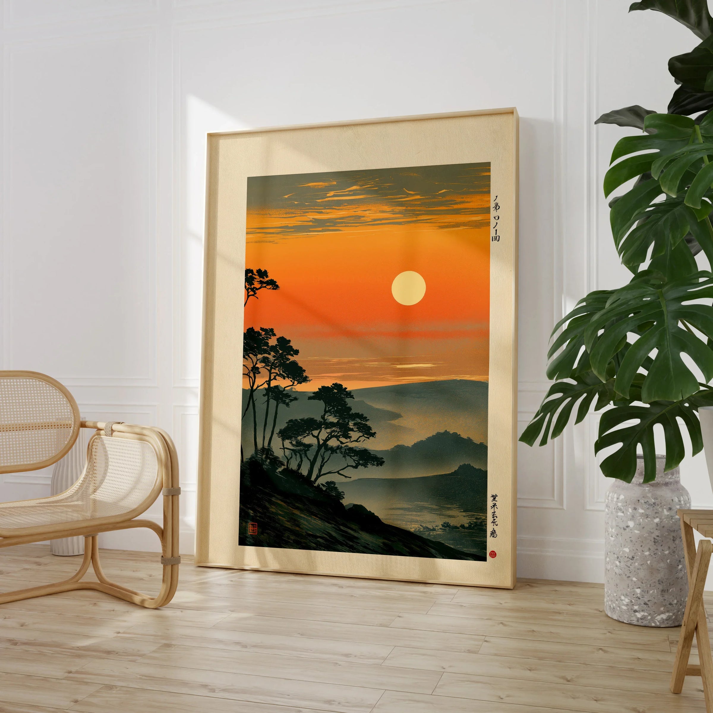 Japanese Sunset Art Print – Orange Vintage Landscape Wall Art — large framed print room setting chair plant