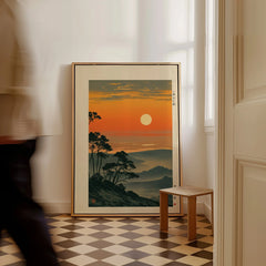 Japanese Sunset Art Print – Orange Vintage Landscape Wall Art — framed canvas on floor man walking past
