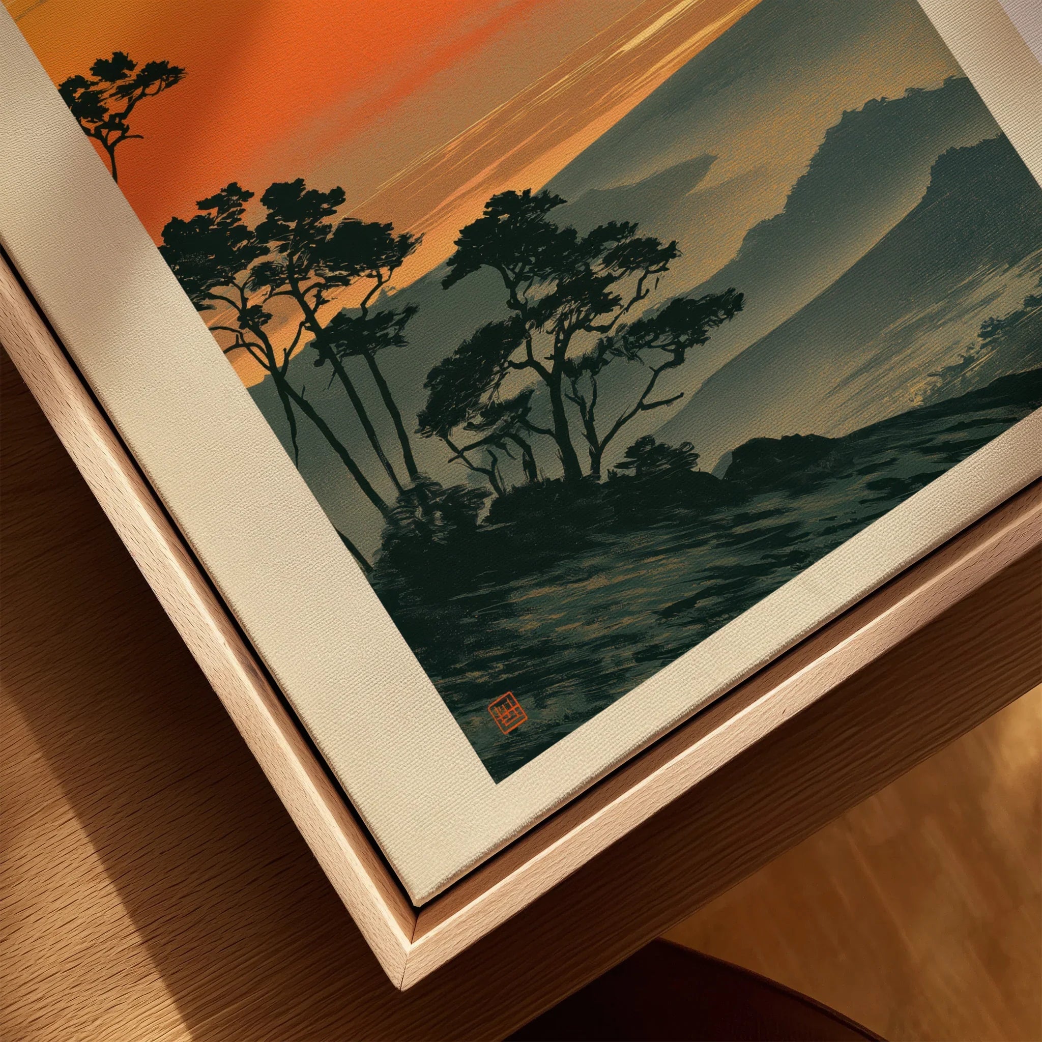 Japanese Sunset Art Print – Orange Vintage Landscape Wall Art — closeup framed canvas natural wood floating frame