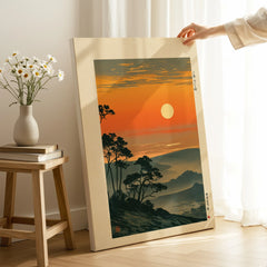 Japanese Sunset Art Print – Orange Vintage Landscape Wall Art — canvas print mirror edge hand holding room setting