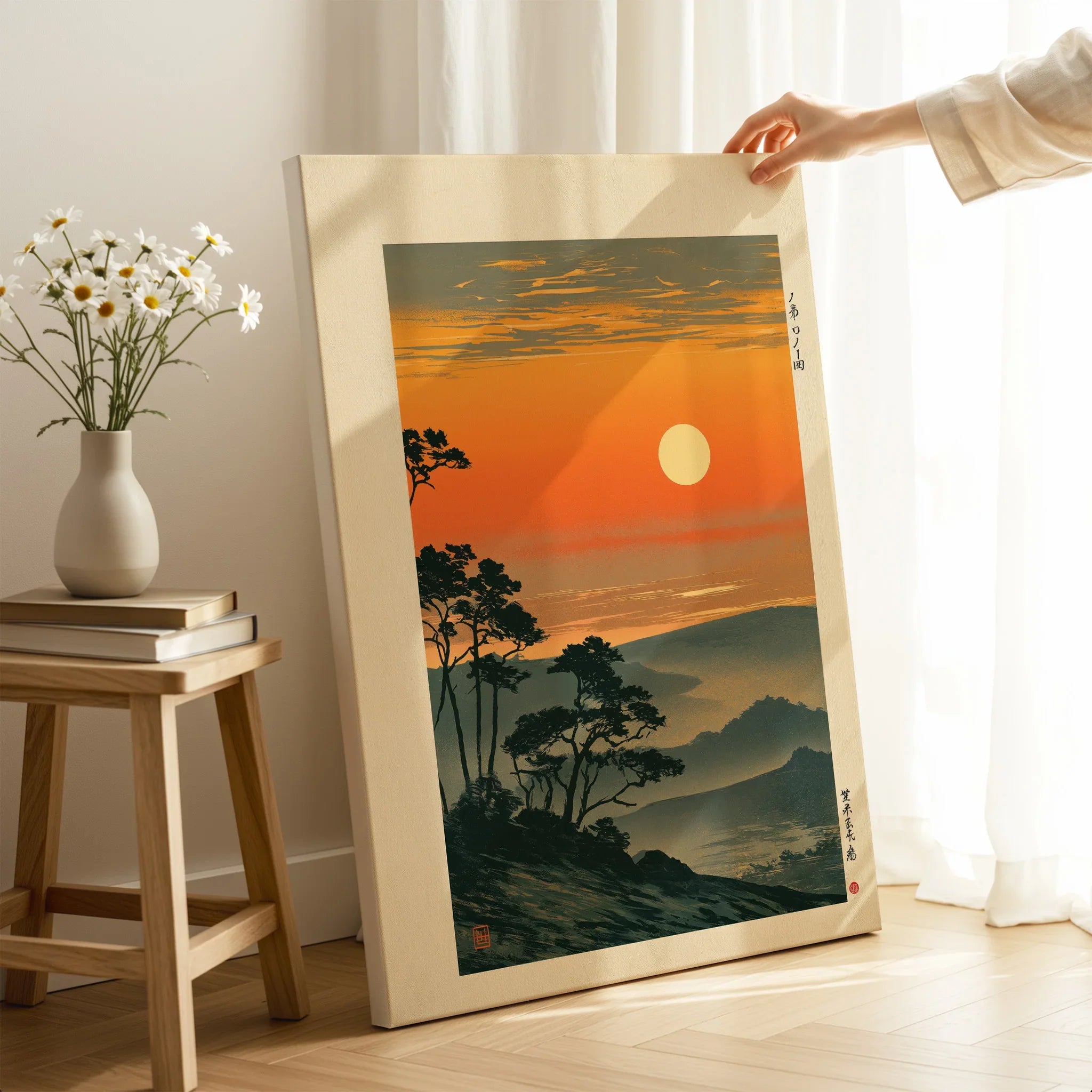Japanese Sunset Art Print – Orange Vintage Landscape Wall Art — canvas print mirror edge hand holding room setting