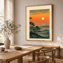 Japanese Sunset Art Print – Orange Vintage Landscape Wall Art — dining room framed print natural wood frame