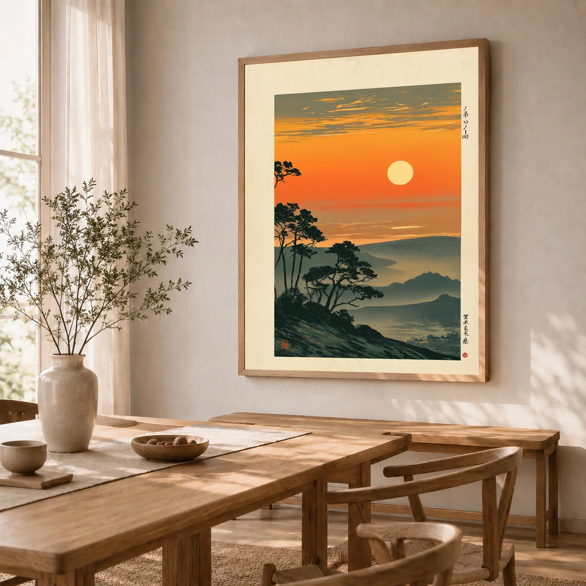 Japanese Sunset Art Print – Orange Vintage Landscape Wall Art — dining room framed print natural wood frame