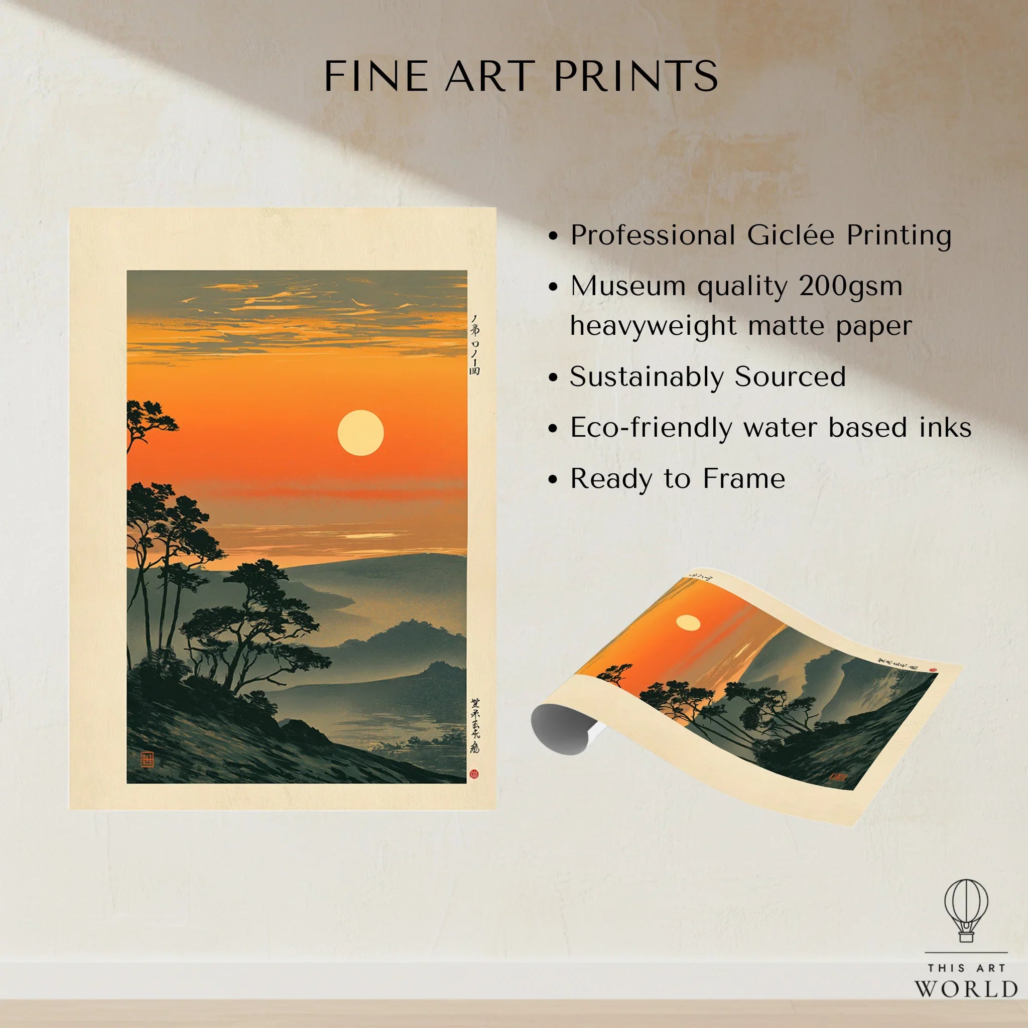 Japanese Sunset Art Print – Orange Vintage Landscape Wall Art — fine art print unframed quality details