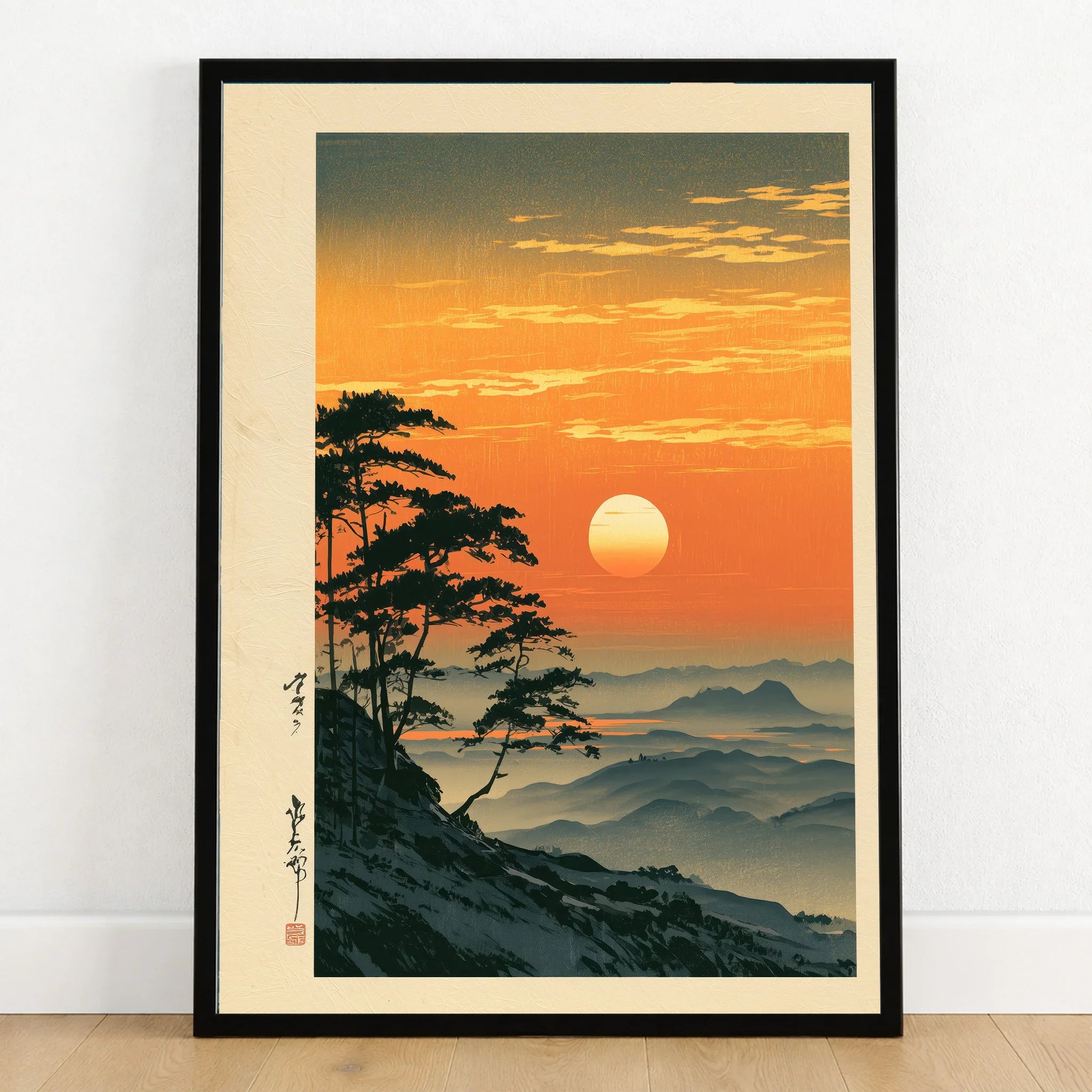 Japanese Sunset Print – Vintage Misty Mountain Wall Art — art print in black frame on wooden floor