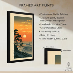 Japanese Sunset Print – Vintage Misty Mountain Wall Art — framed print details measurements quality details