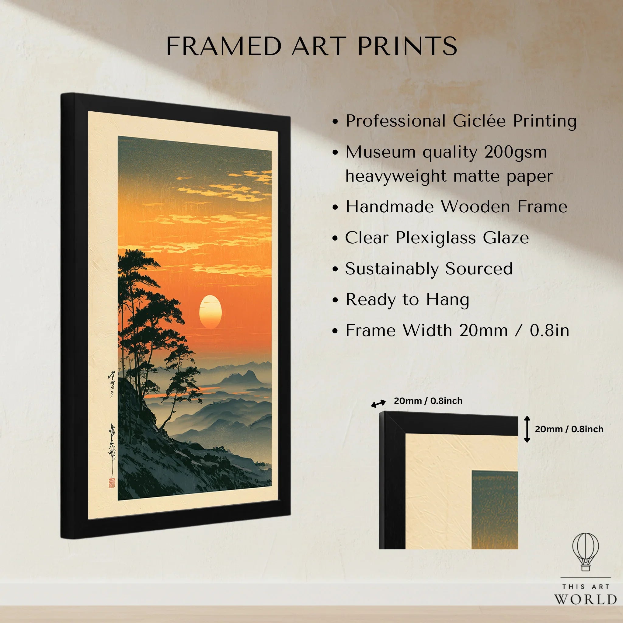 Japanese Sunset Print – Vintage Misty Mountain Wall Art — framed print details measurements quality details