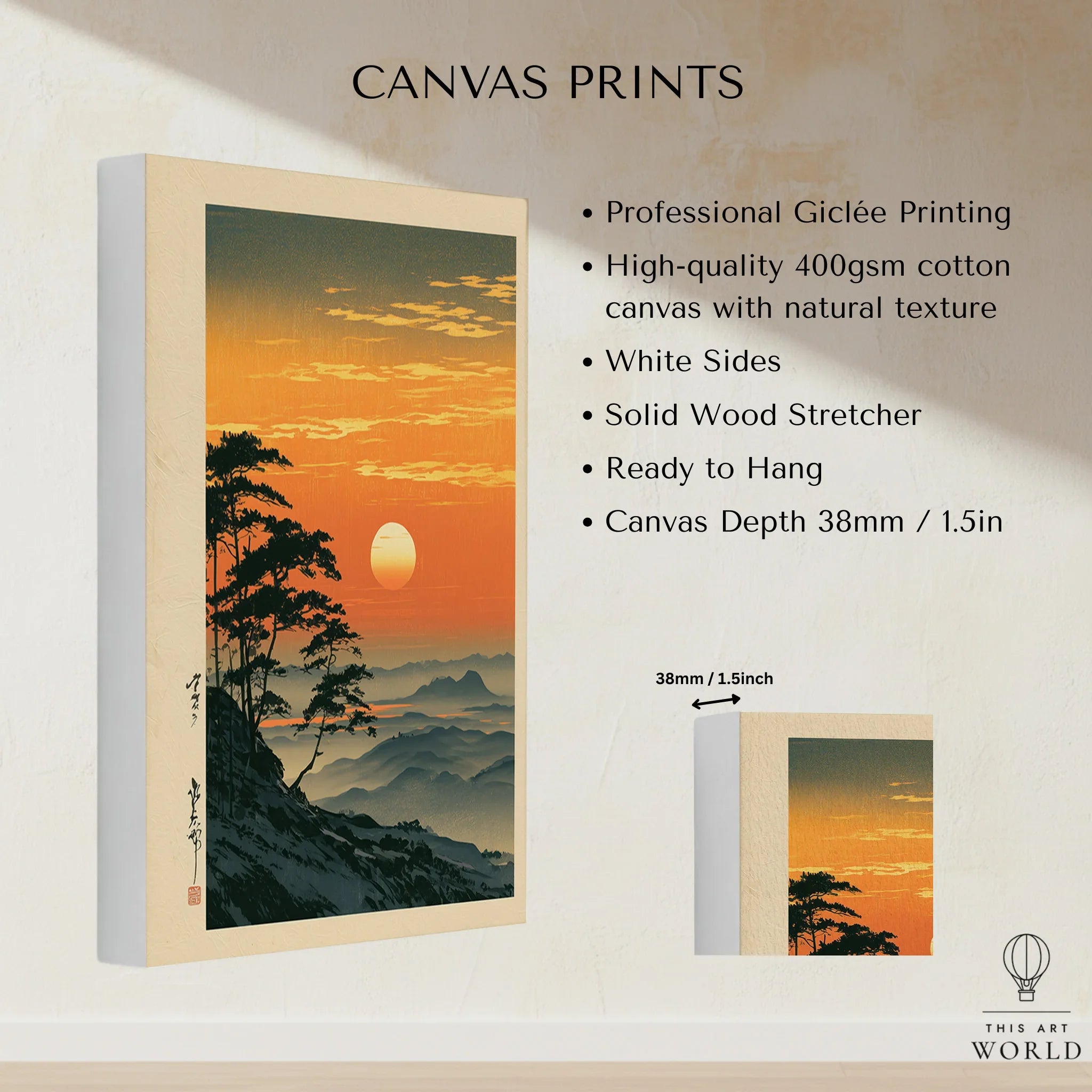 Japanese Sunset Print – Vintage Misty Mountain Wall Art — canvas print stretched cotton canvas details