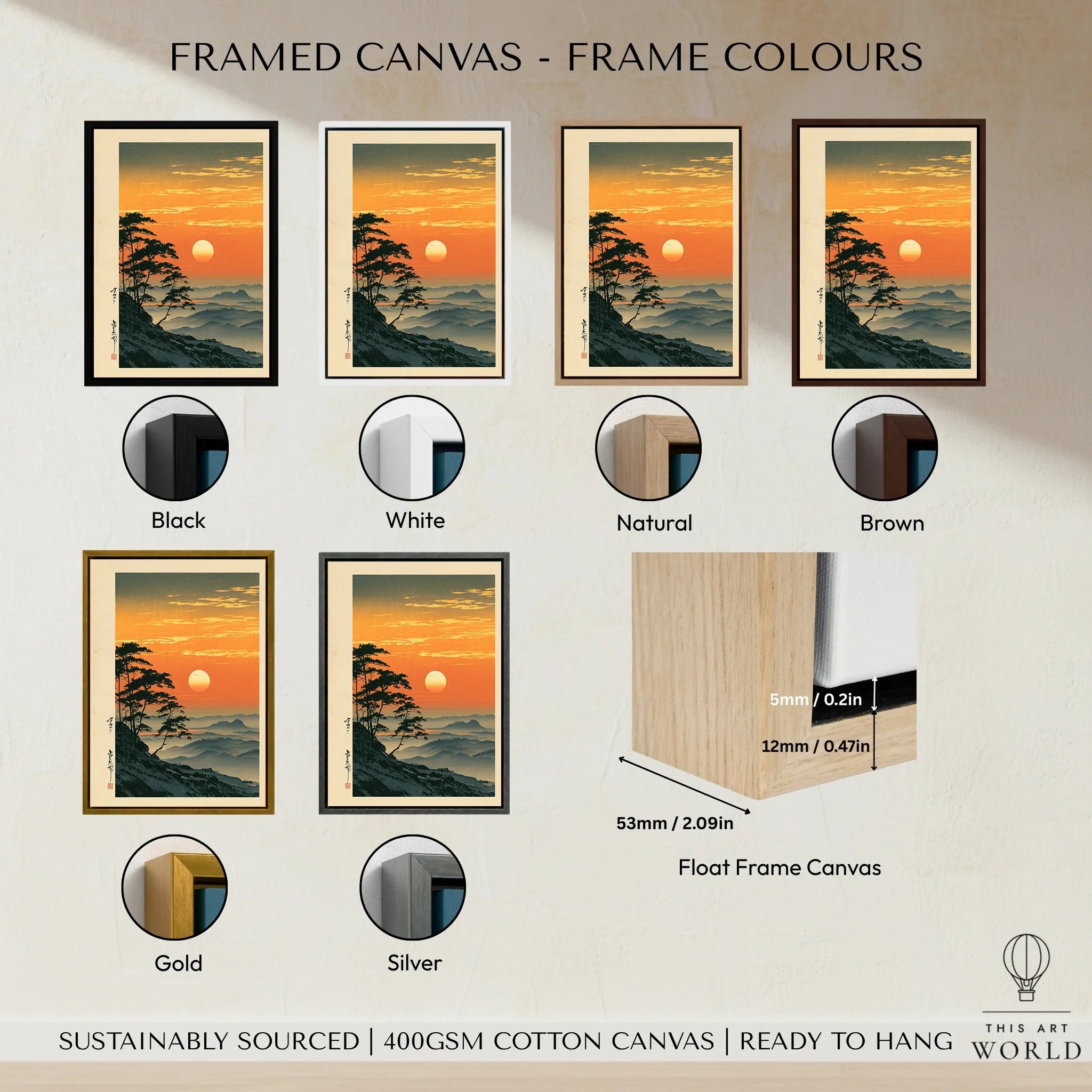 Japanese Sunset Print – Vintage Misty Mountain Wall Art — framed canvas float frame colour options