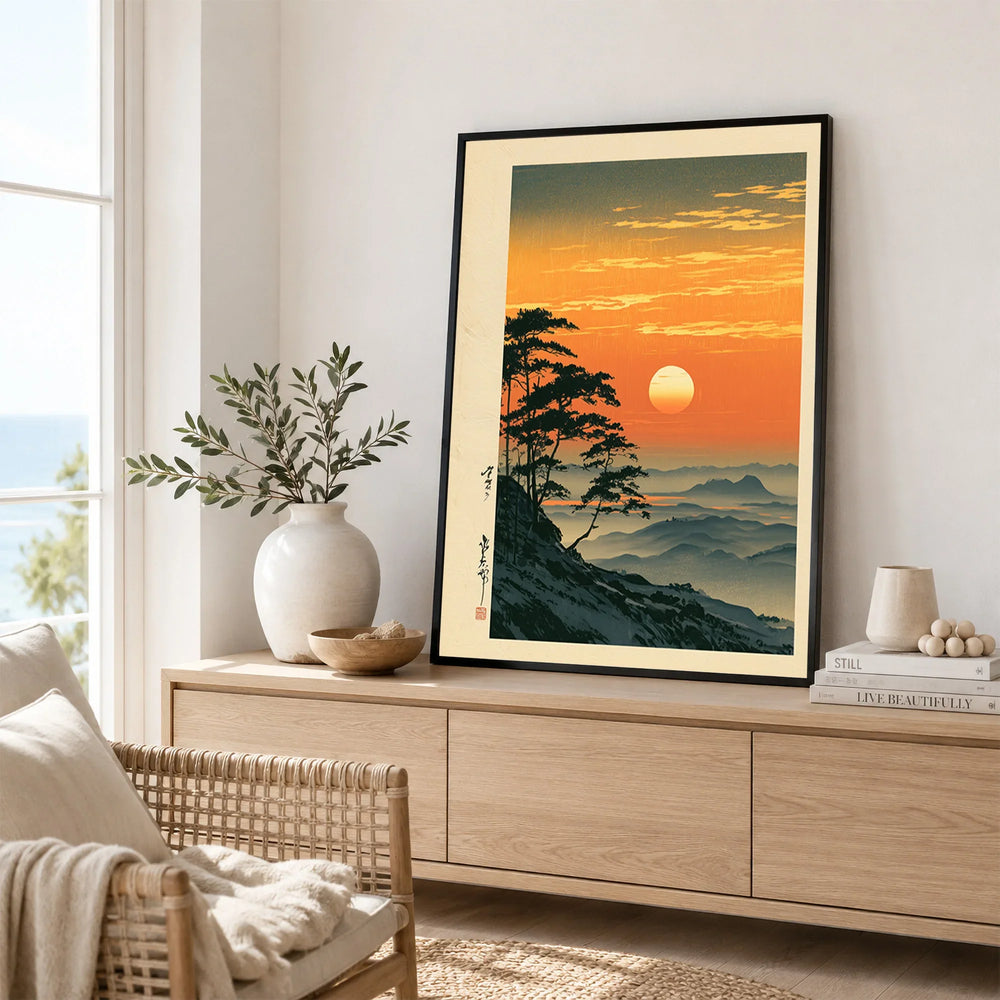Japanese Sunset Print – Vintage Misty Mountain Wall Art — framed artwork living room lifestyle setting