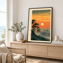 Japanese Sunset Print – Vintage Misty Mountain Wall Art — framed artwork living room lifestyle setting