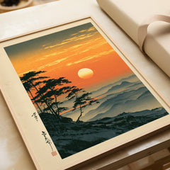 Japanese Sunset Print – Vintage Misty Mountain Wall Art — framed art print closeup gift unwrapped natural frame