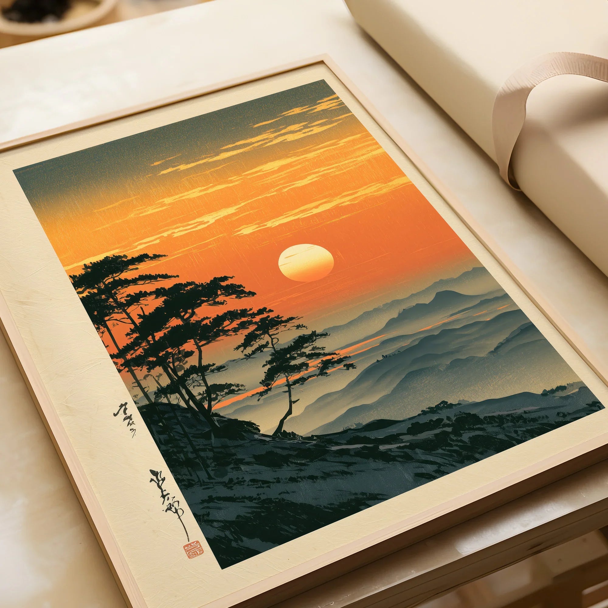 Japanese Sunset Print – Vintage Misty Mountain Wall Art — framed art print closeup gift unwrapped natural frame