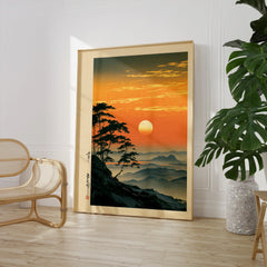 Japanese Sunset Print – Vintage Misty Mountain Wall Art — large framed print room setting chair plant