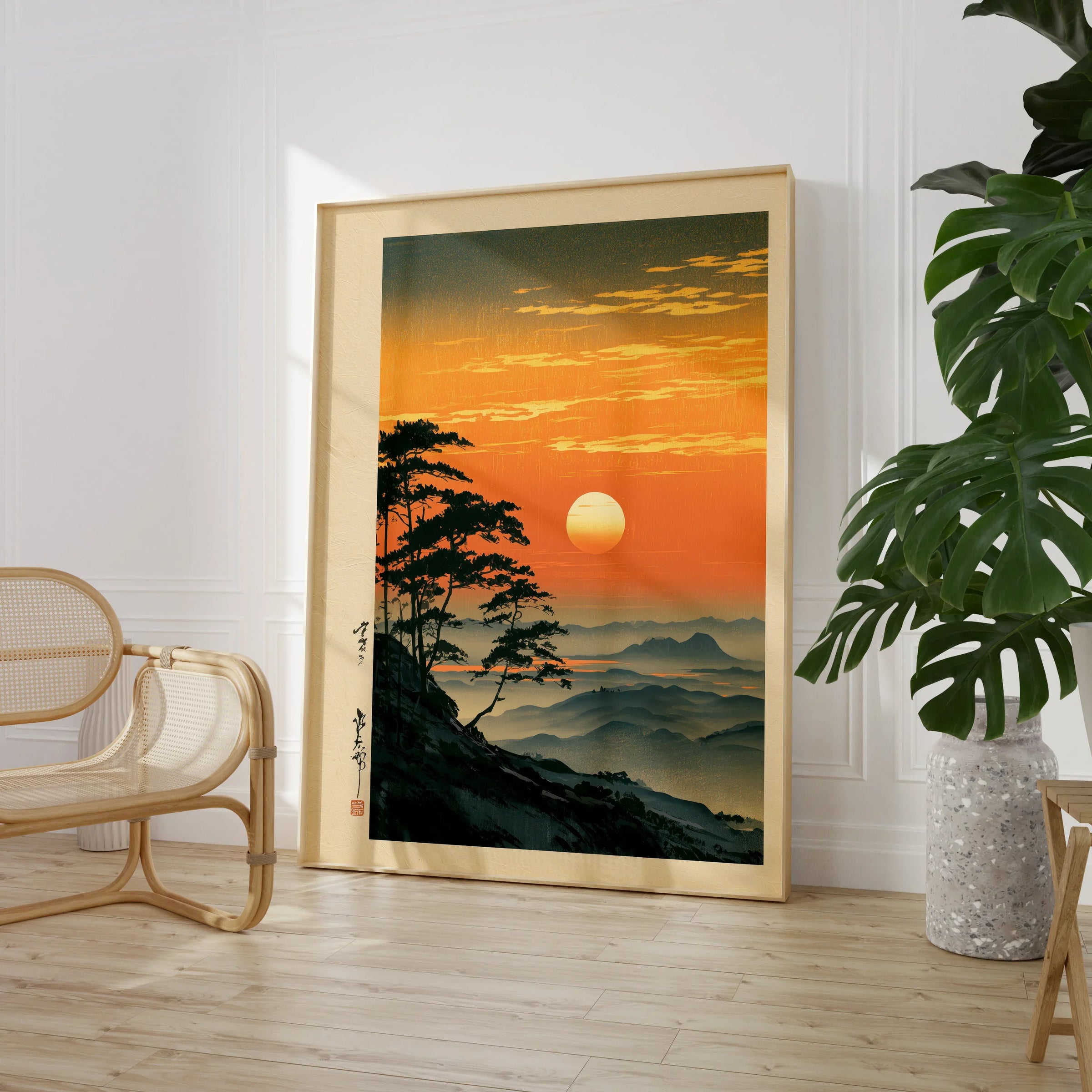 Japanese Sunset Print – Vintage Misty Mountain Wall Art — large framed print room setting chair plant