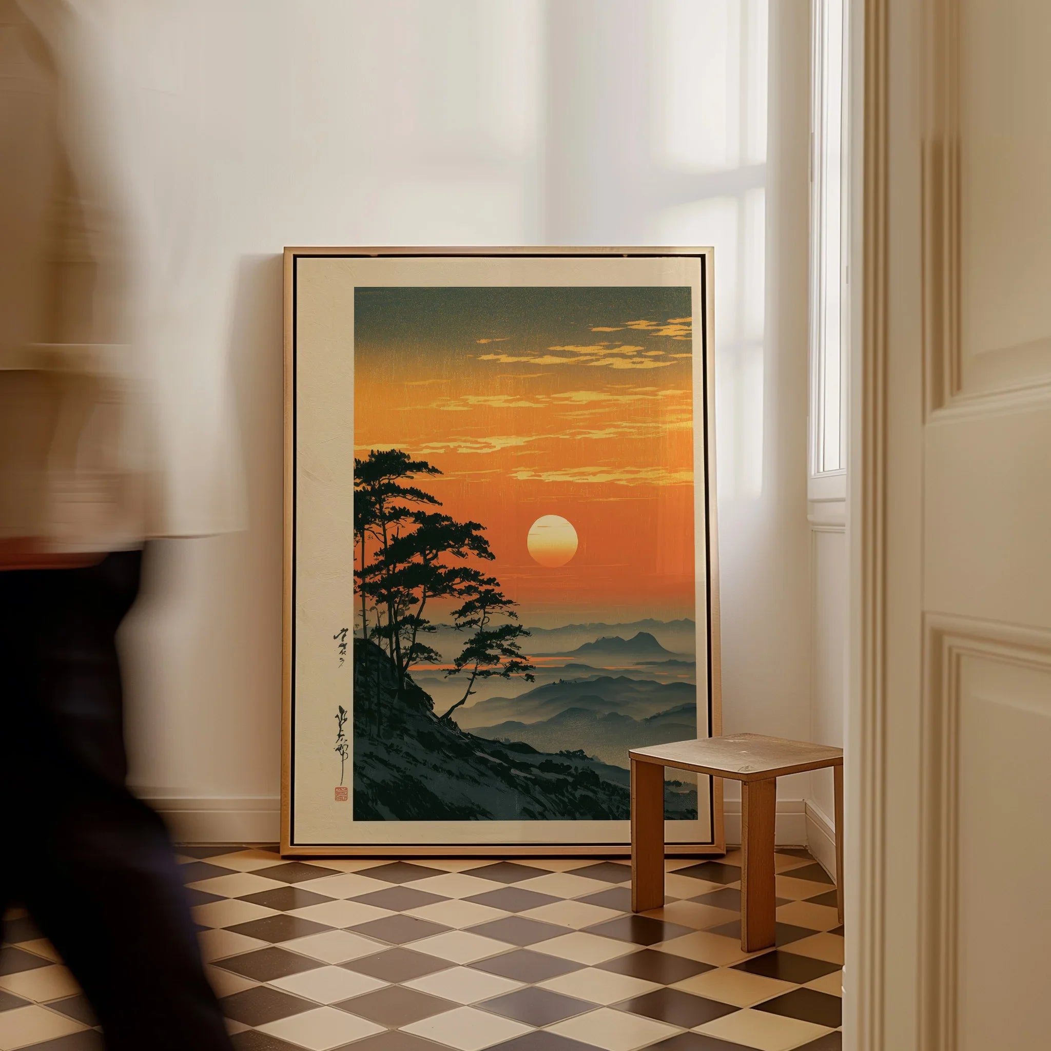 Japanese Sunset Print – Vintage Misty Mountain Wall Art — framed canvas on floor man walking past