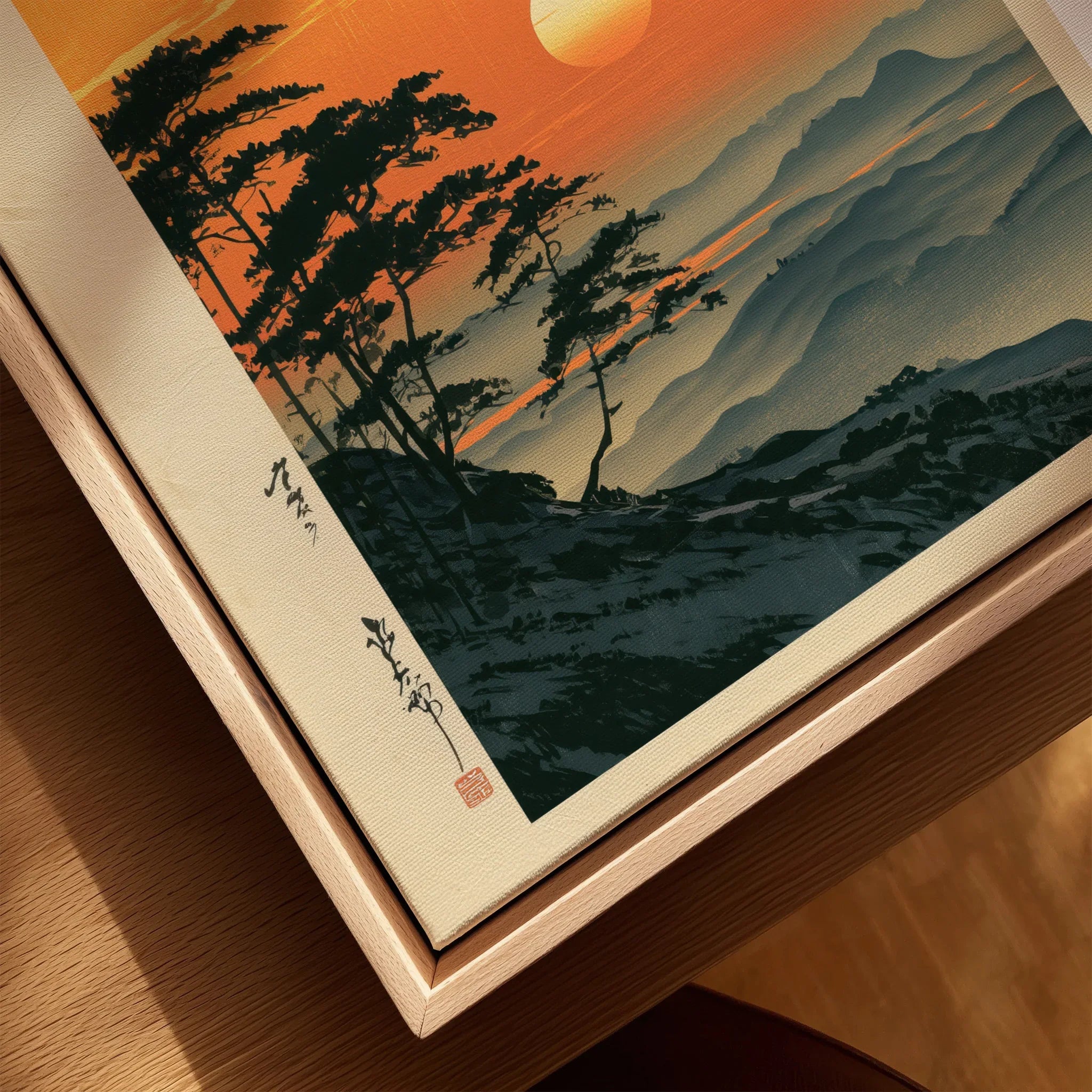Japanese Sunset Print – Vintage Misty Mountain Wall Art — closeup framed canvas natural wood floating frame