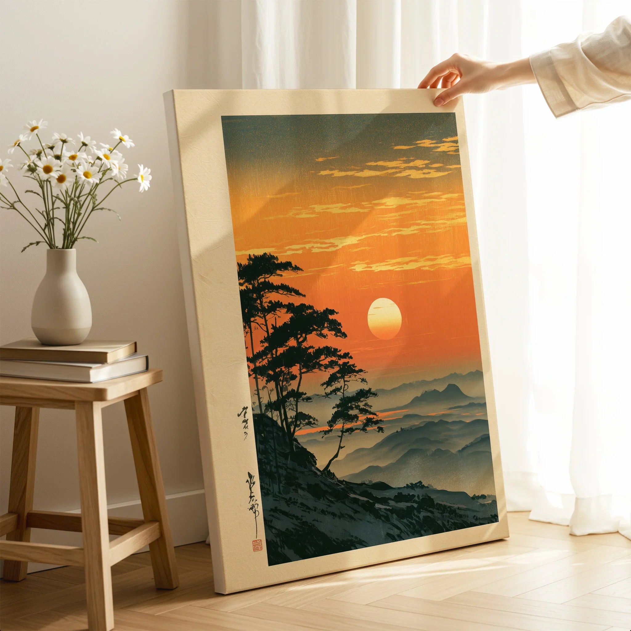 Japanese Sunset Print – Vintage Misty Mountain Wall Art — canvas print mirror edge hand holding room setting